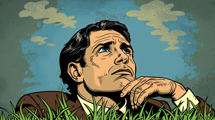 A man is looking up at the sky with a thoughtful expression on his face. The sky is cloudy, and the grass is green. Scene is contemplative and introspective