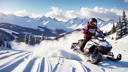 Wall Mural - illustration Style Man driving snowmobile in winter mountain