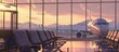 © index74 - An empty waiting room in a small airport against the background of a standing plane and a sunset with mountains.
