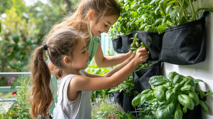 Wall Mural - Two girls tending  the plants on city apartment on balcony wall. Balcony herb garden concept. Modern vertical lush herb garden planter bags. Generative ai