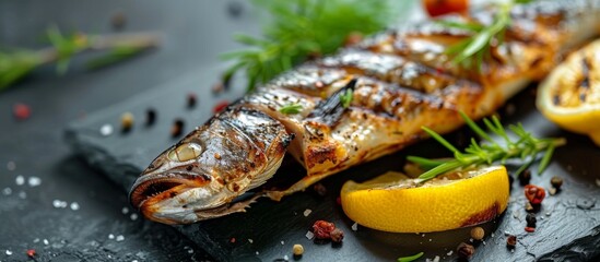 Wall Mural - Grilled Fish and Lemon Wedges on Black Plate