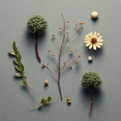 Canvas Print - beautiful floral composition with eucalyptus branches, flowers and berries on grey background, flat lay