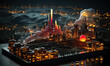 A 3D rendering of a city. The city is made up of tall buildings, and there is a large amount of smoke in the air. The city is lit up by the lights of the buildings.