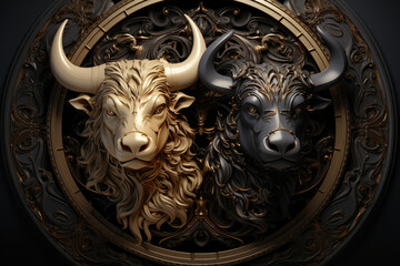 a golden and black metal bull with intricate details on a black background.