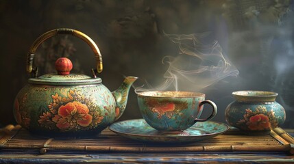 Canvas Print - Tea pot and cups on table