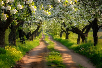 Wall Mural - A dirt road winds through a picturesque landscape, lined with towering trees and adorned with white flowers, A romantic pathway under blossoming apple trees, AI Generated