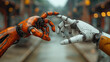 Two digital robotic hands try to touch to each other on the blurredindustrial background, artificial intelligence concept