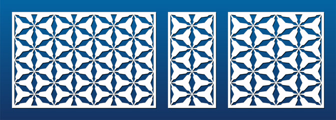 Fototapete - Laser cut panel design. Decorative vector pattern with ornamental grid, abstract triangle lattice, floral elements. Template for CNC cutting of wood, metal, plastic, paper. Aspect ratio  3:2, 1:2, 1:1