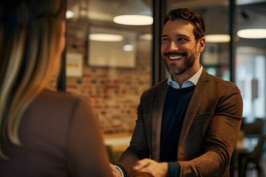 A smiling businessman doing a handshake with a businesswoman, at the office.
