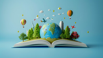 Wall Mural - An earth globe with a forest, city, and flying balloons on an open book isolated on a blue background in the style of 3d rendering. Teachers day. Back to school. Student day