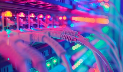 A closeup of network cables and a switch in an IT system room, with vibrant colors representing data transfer olorful wires connecting to gateways or displays showing digital information Generative AI