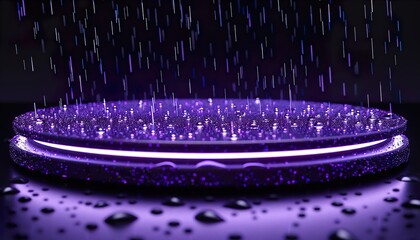 Wall Mural - Cyberpunk lightning and rain pedestal for waterproof products display presentation. Neon showcas