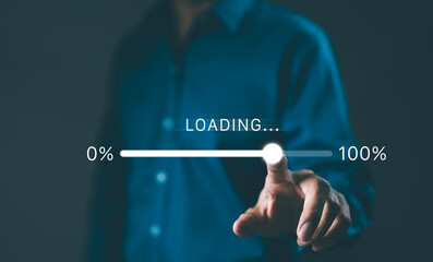 person interacting with a futuristic loading progress bar interface, depicting data processing or so