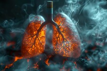 Dangerous Cigarette Smoke Causing Damage To Lungs. Lung Disease From Smoking Tobacco In Gray Studio