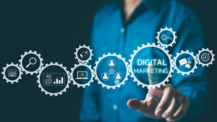 Wall Mural - digital marketing strategy concept. commerce online sale, website advertising agency, business goals