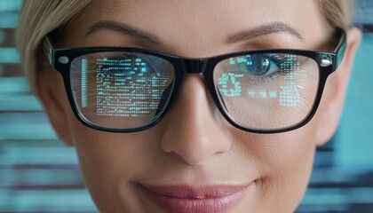 Data reflecting on eyeglasses on woman's face. Computrer programmer big data and ux designer concept