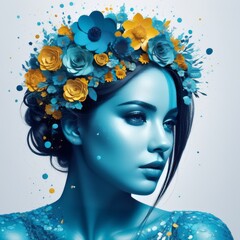 Sticker - beautiful young woman with bright blue flowers and her eyes. beauty portrait of girl perfect skin. fashion art, cosmetics.