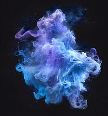 A digital art illustration of an abstract blue and purple cloudlike form, created from particles on a black background The particles swirl around the shape like smoke or mist, creating a sense of move