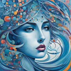 Poster - woman in blue dress and hat with a flower the waterwoman water