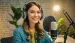 © Marko - Happy young woman record a podcast with headphones and microphone for live streaming at home studi