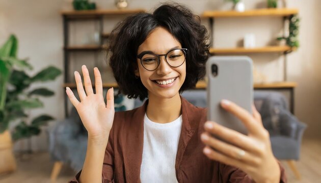 Happy woman holding smartphone and waving with hand to the camera while having video call with somebody at home . People and technologies concept