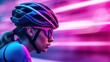 Close-up portrait of a cyclist woman in a helmet on an ultraviolet neon background.