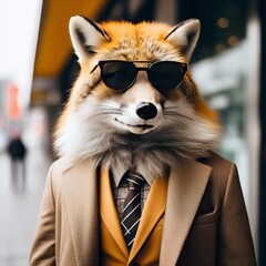 Poster - portrait of a fox in sunglasses and white coat.