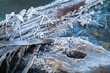 Close-up view of icy branches with a thick layer of frost overlying them, set against a backdrop of clear, blue, tranquil water. The image evokes a serene, chilly winter atmosphere.
