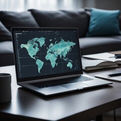 Poster - global business, economy. world map on the desktop, computer screen, 3d render.