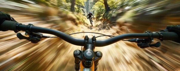 Wall Mural - A fast downhill on the bicycle in the mountain valley from bikers view.