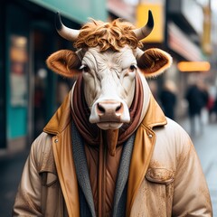 Wall Mural - portrait of a young cow in hat the city