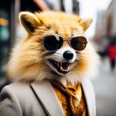 Canvas Print - a cute dog in sunglasses with white jacket