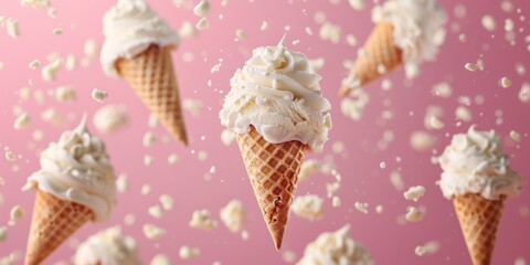 Wall Mural - Flying ice cream in waffle cones on a pink background, summer dessert levitation