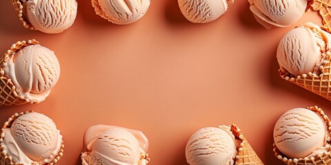 Wall Mural - Ice cream in waffle cones on an orange background, summer dessert background, banner with copy space