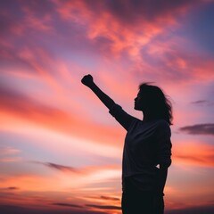 Sticker - silhouette of woman with open hand on sunset sky.