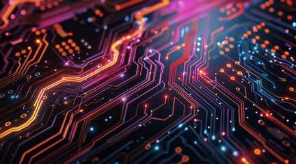 A closeup of an intricate circuit board with neon lines and colorful patterns, representing the complexity of data flow in AI models Generative AI