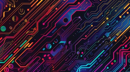 Poster - A colorful circuit board pattern with intricate lines and shapes, representing the complex nature of digital data flow in an advanced computer system Generative AI