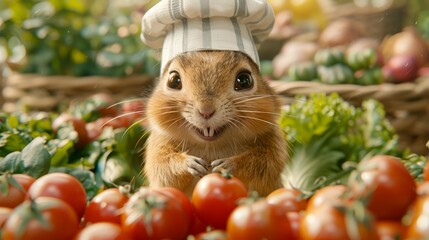 Wall Mural -   A small rodent donning a chef's hat roams in a lush garden teeming with tomatoes, fruits, and vegetables