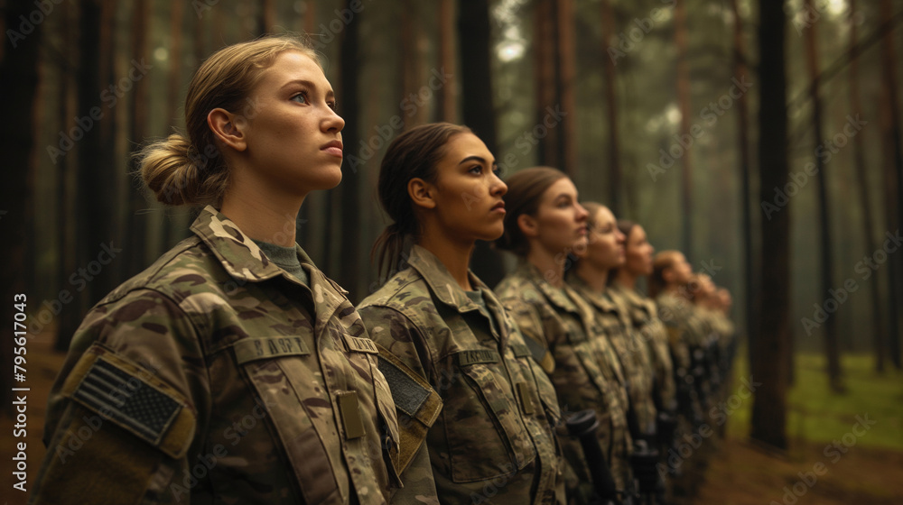 Combat Roles Amidst a forest clearing, a contingent of female soldiers stands ...