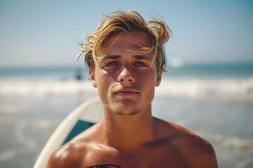 handsome blond man with a surfboard on the ocean shore. Active recreation and sports