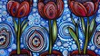   Three red tulips painted against a blue backdrop, featuring blue swirls and circles A white dot marks the center