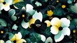   A wallpaper featuring black and yellow patterns bears an arrangement of white, green, yellow, and black blooms atop it