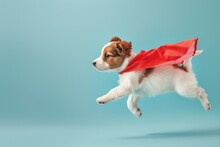 A Small Dog Is Wearing A Red Cape And Flying Through The Air. Concept Of Playfulness And Joy, As The Dog Is Dressed Up Like A Superhero And He Is Having A Great Time