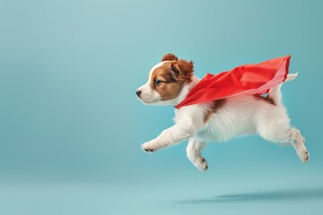 Canvas Print - A small dog is wearing a red cape and flying through the air. Concept of playfulness and joy, as the dog is dressed up like a superhero and he is having a great time