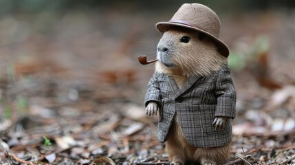 Wall Mural -   A small rodent in a suit and hat holds a pipe in each hand