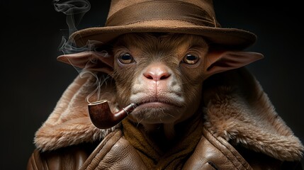 Sticker -   A goat in a leather jacket and hat holds a pipe