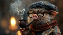   A Small Monkey Dons Glasses, A Hat, And Holds A Pipe He Wears Two Scarves Around His Neck