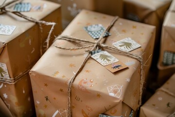 Canvas Print - pile of gifts with camping themed labels wrapped in kraft paper and pastry twine for kid's camping themed birthday party.