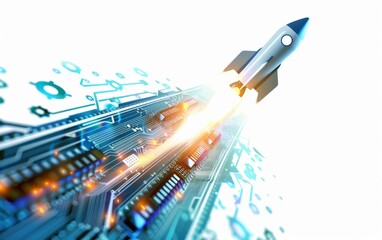 Rocket launching with binary code trail, isolated on white background - Tech startups business growth illustration.