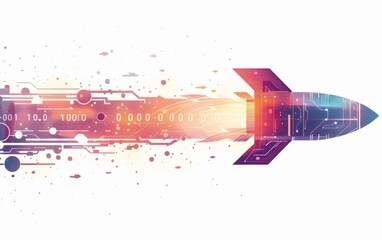Wall Mural - Rocket launching with binary code trail, isolated on white background - Tech startups business growth illustration.
